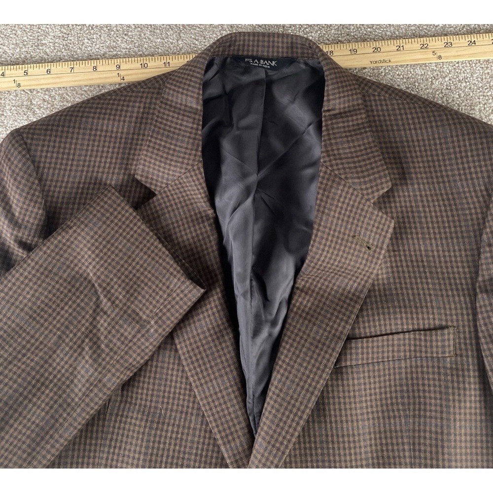 JOS A Bank Houndstooth Plaid Brown Blazer Sportscoat Men 44L Silk/Wool Old Money